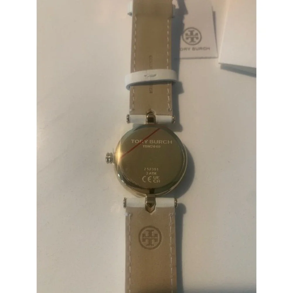 Tory Burch TBW2040 Gold Tone White Leather Band‎ Logo Dial Women's Watch NIB